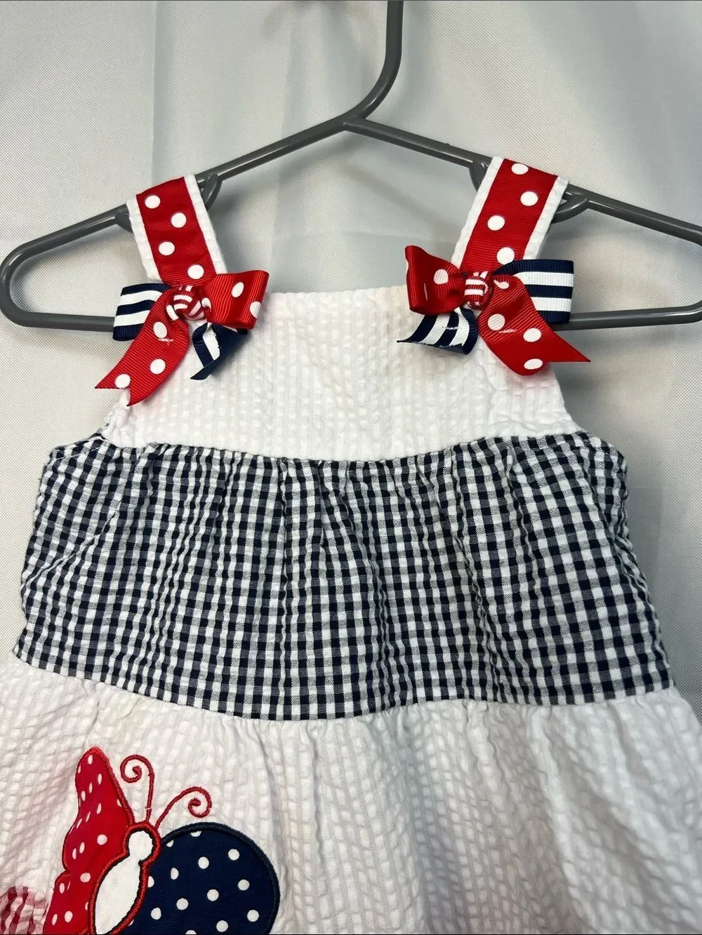 Rare Editions red white blue tiered Searsucker Patriotic dress butterfly accent